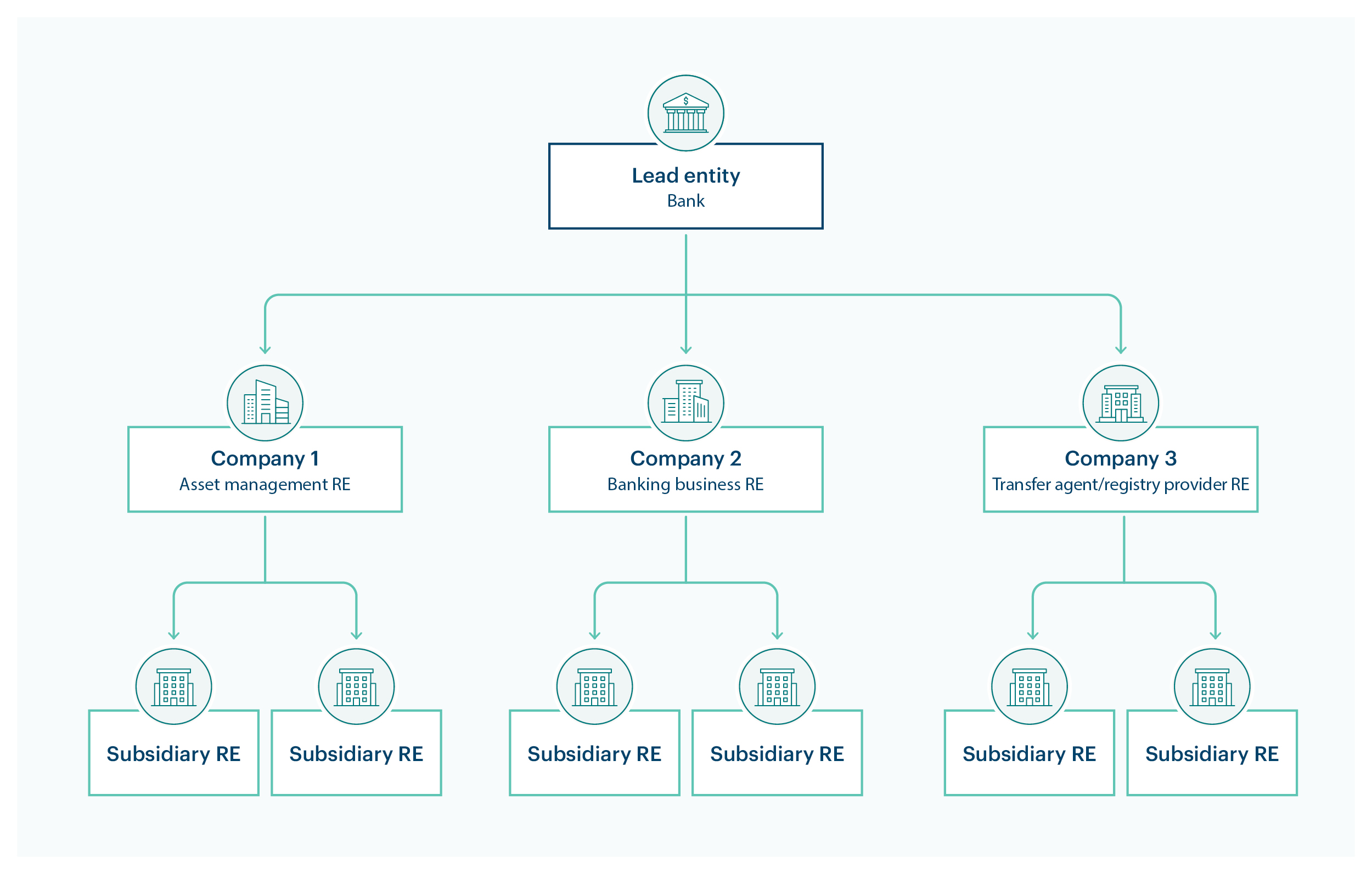 Diagram showing a lead entity structure: a lead bank oversees 3 related companies. Company 1 (asset management), Company 2 (banking business and Company 3 (transfer agent/registry provider). Each have multiple subsidiary reporting entities.