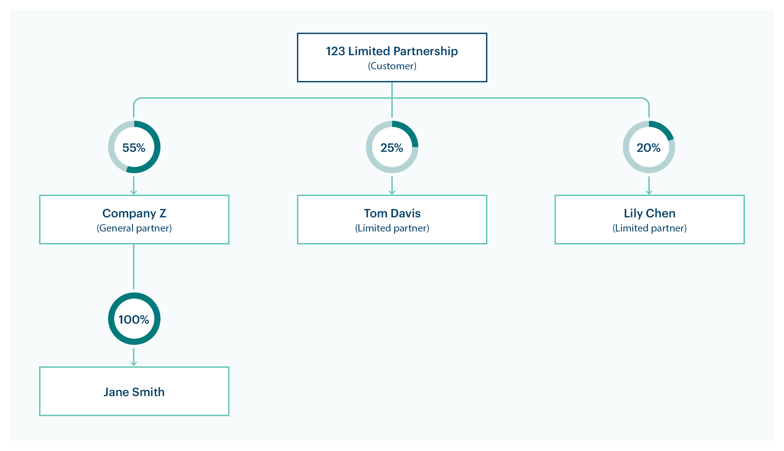 Diagram showing beneficial ownership for 123 Limited Partnership: Company Z is the general partner owing 55% of the Partnership. Company Z is fully owned by Jane Smith. Limited partners of the Partnership are Tom David with 25% and Lily Chen with 20% ownership. 