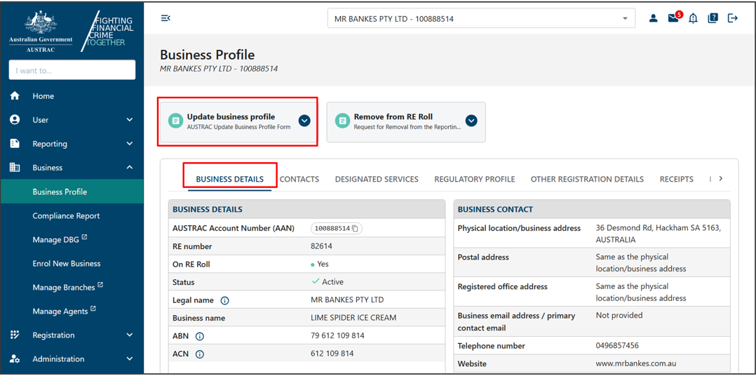 The Update business profile form located at the top of the Business profile page 