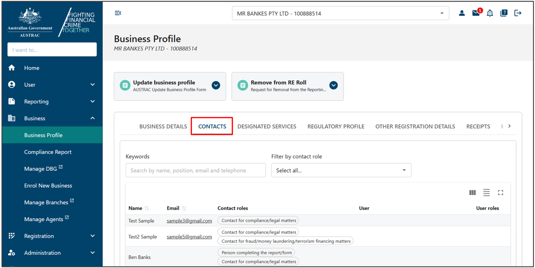 The Contacts tab in Business profile page 
