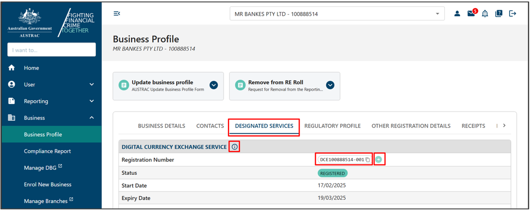 Within the Designated services tab in Business profile page, an information icon, registration number and forward arrow icon to navigate to My registration page 