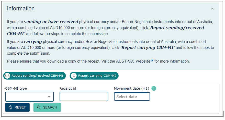 CBM MI dashboard with information section at the top and a search section underneath