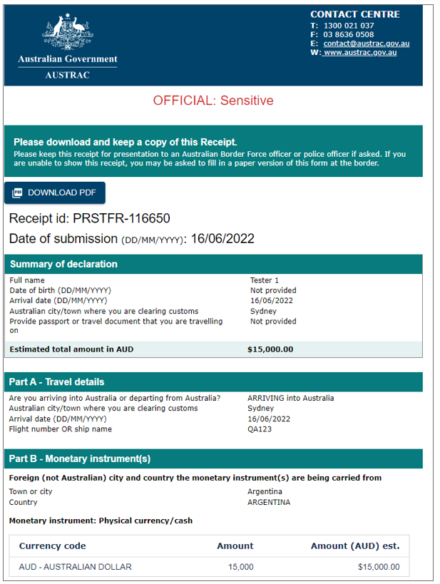 Receipt page with a button to download PDF