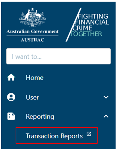 The Transaction reports sub menu option under the Reporting menu