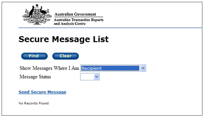Secure message list page, with a search section and a link to send secure message