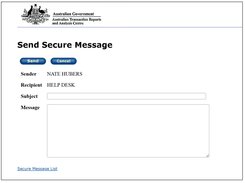 Send secure message page, with a Send button, a Cancel button, and details of the secure message