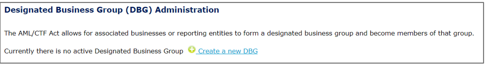 Designated business group page in AUSTRAC Online with a link to Create a new DBG