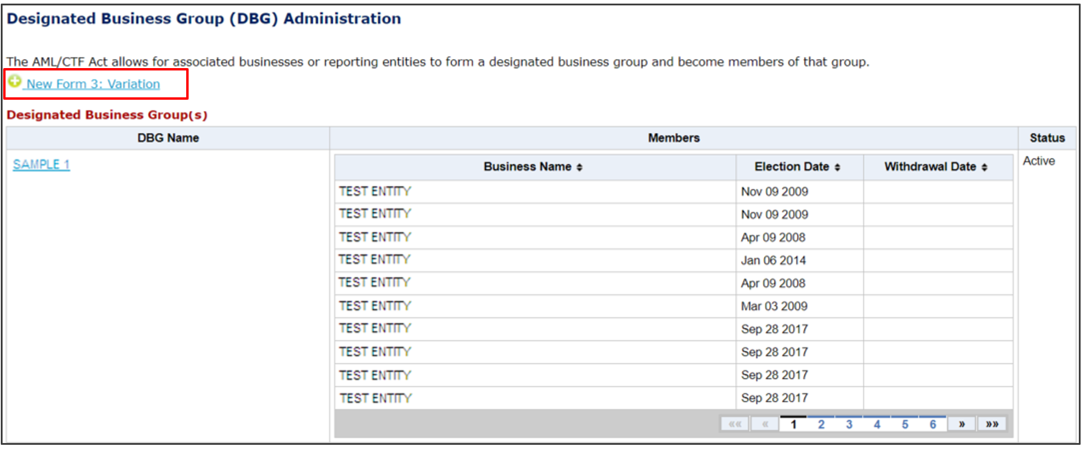 New form 3 variation button under the designated business group administration section