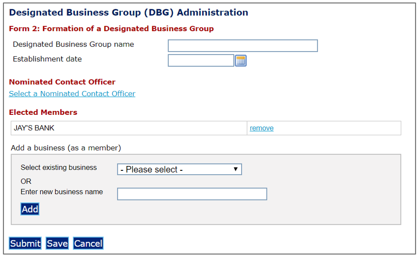 The form for formation of a designated business group  