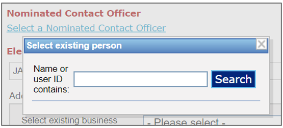 The pop up box with a text field for a nominated contact officer and a Search button
