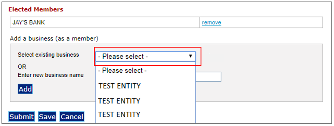 In the first image of Elected members section, select existing business field drop down menu showing 3 options to choose from. 