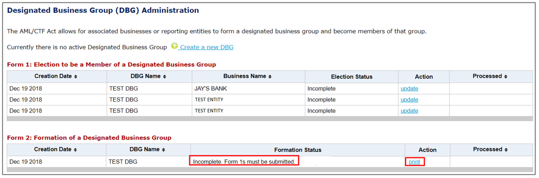 In the table titled Form 2: formation of a designated business group, showing one entry with a formation status of incomplete, form 1st must be submitted, and a print button in the Action column