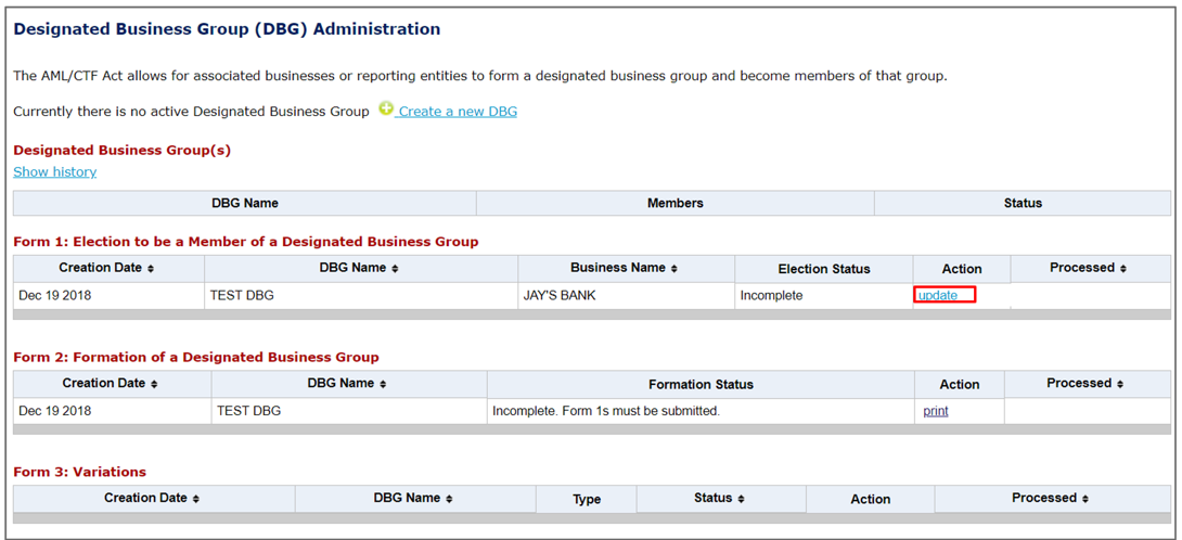 In the able titled Form 1: election to be a member of a designated business group, one entry with an update button in the Action column