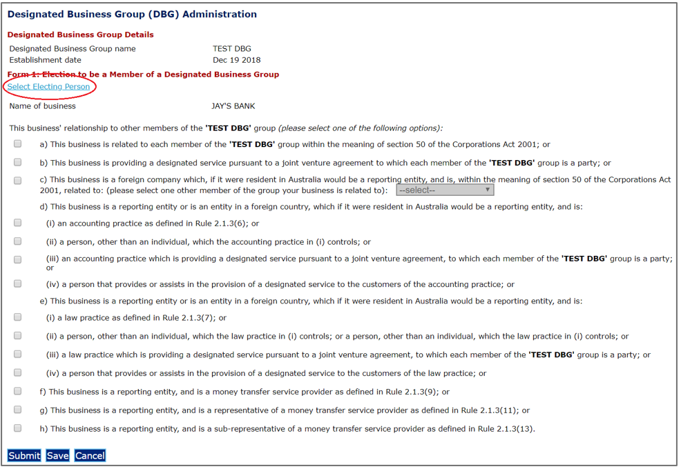Select electing person button under the section Form 1: election to be a member of a designated business group