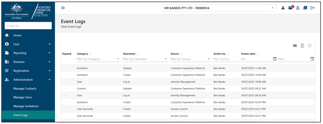 Event logs page with a navigation menu on the left hand side, select business drop down box on the top, and events listed in a table