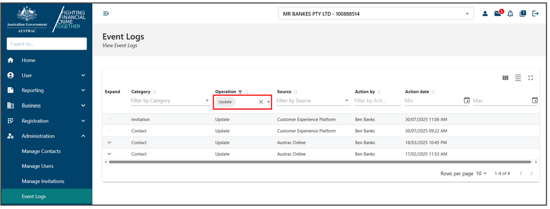 A filter selected in the Operation column in Event logs page