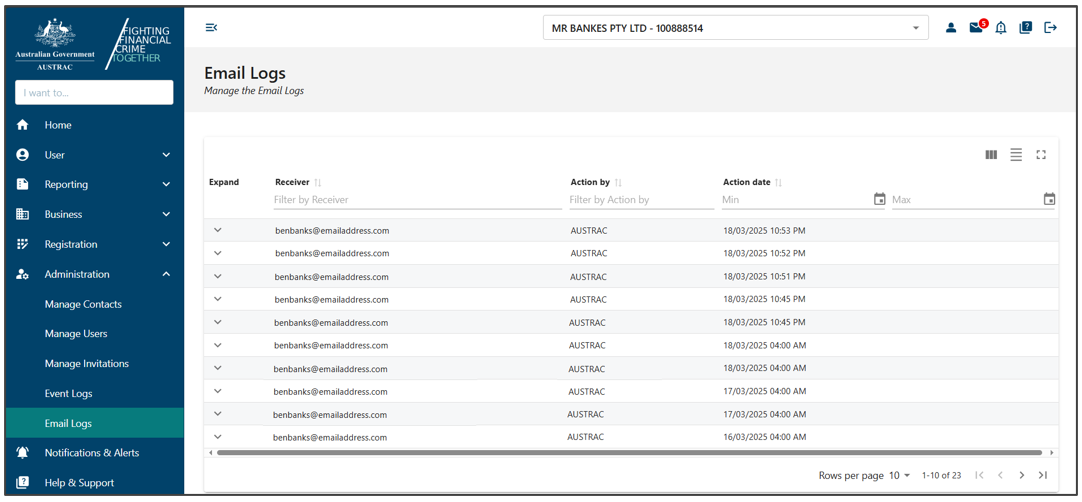 Email logs page with a navigation menu on the left hand side, select business drop down box on the top, and emails listed in a table