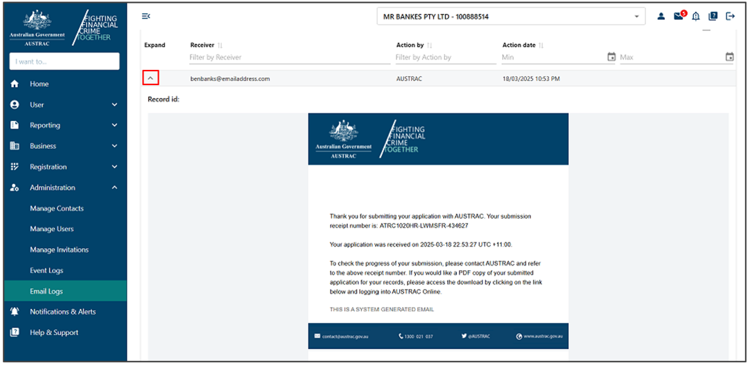 Expand icon for one of the email entry, and the email displayed underneath