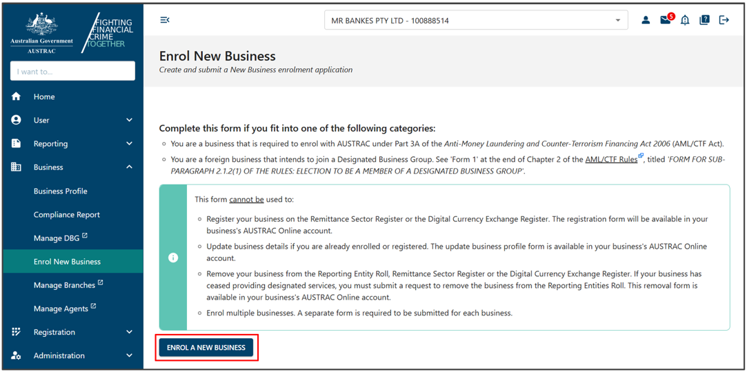 Enrol new business page with enrol a new business button