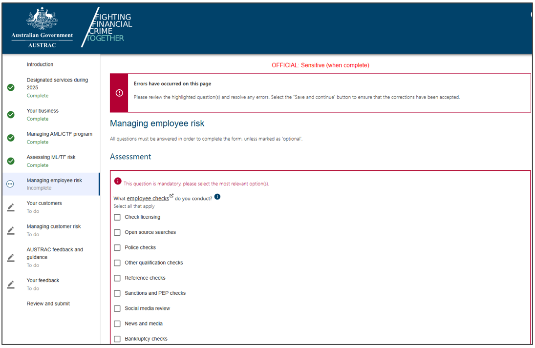 The Your business section in the compliance report, with an error message and a question highlighted as mandatory
