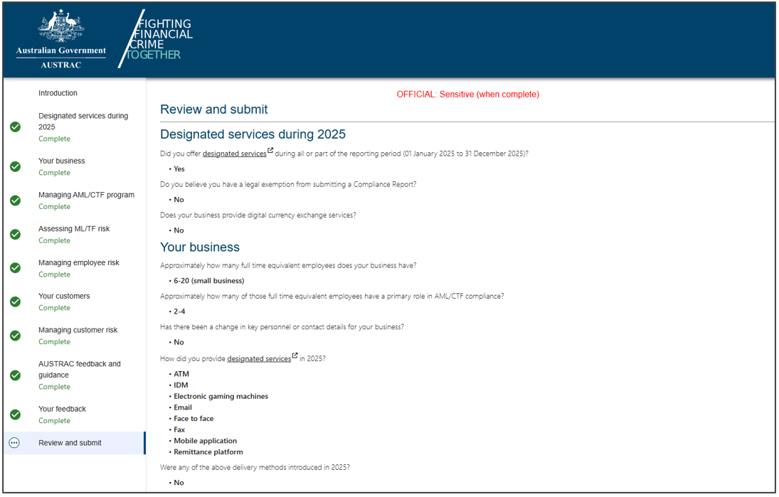 The Review and submit section in the compliance report