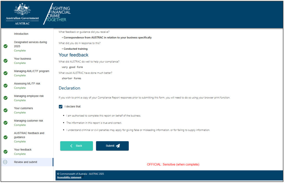 The Review and submit section in the compliance report, with a Back button and a Submit button