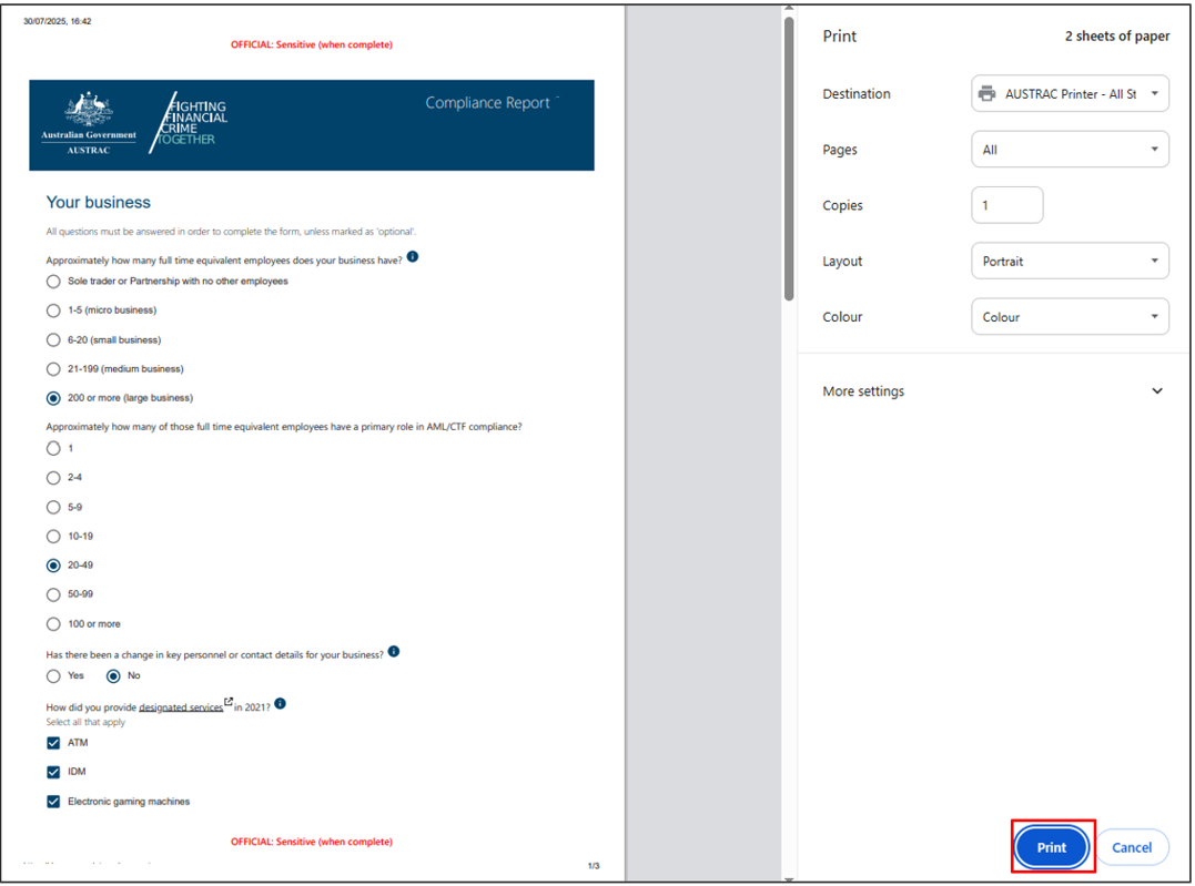 A print preview of the compliance report, with the print settings on the left hand side and a Print button  