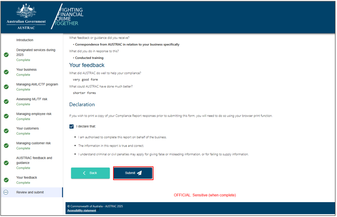 The Submit button in the Review and submit section in the compliance report 