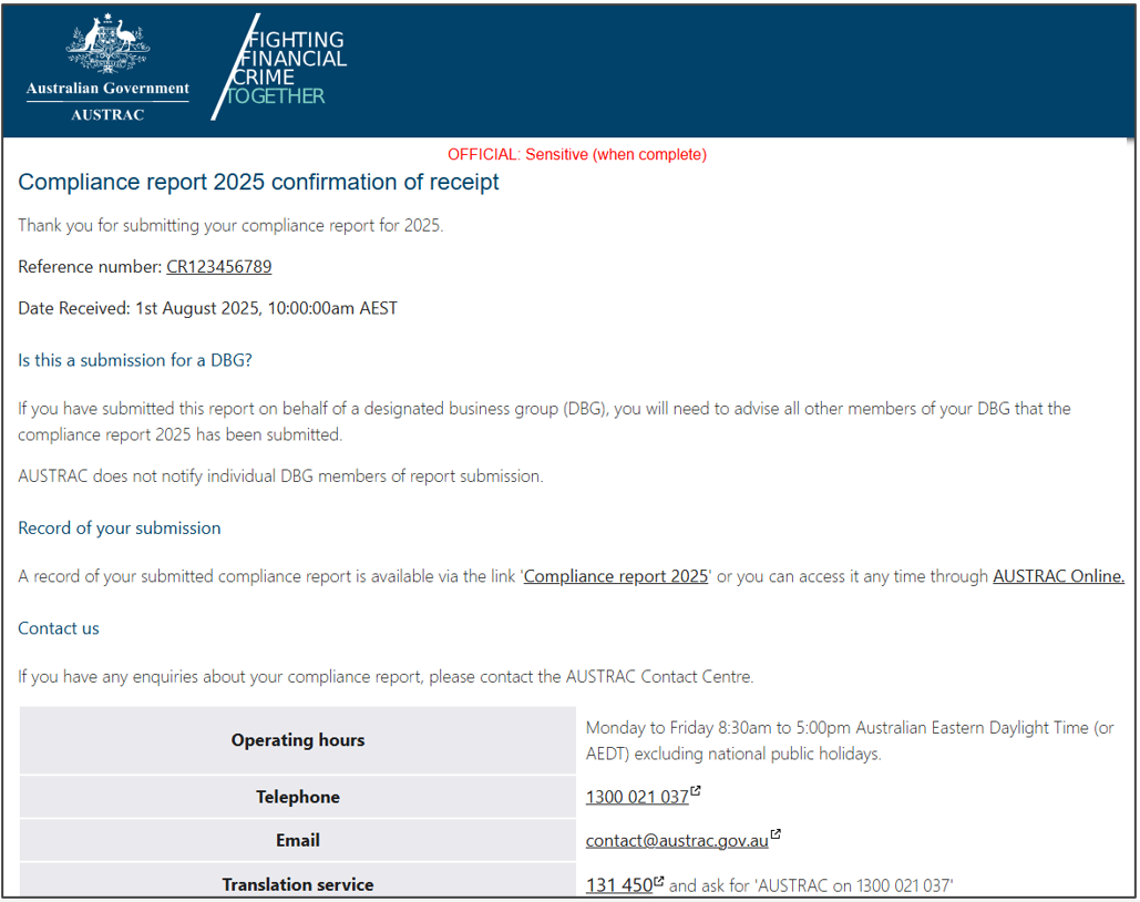 Confirmation of receipt of compliance report