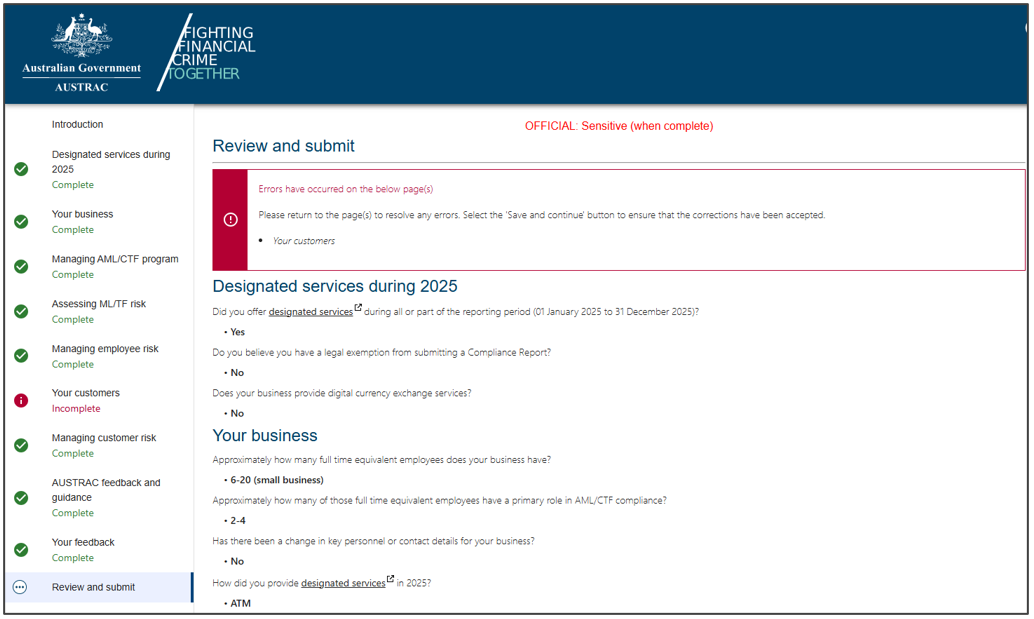 An error message on the Review and submit section of the compliance report