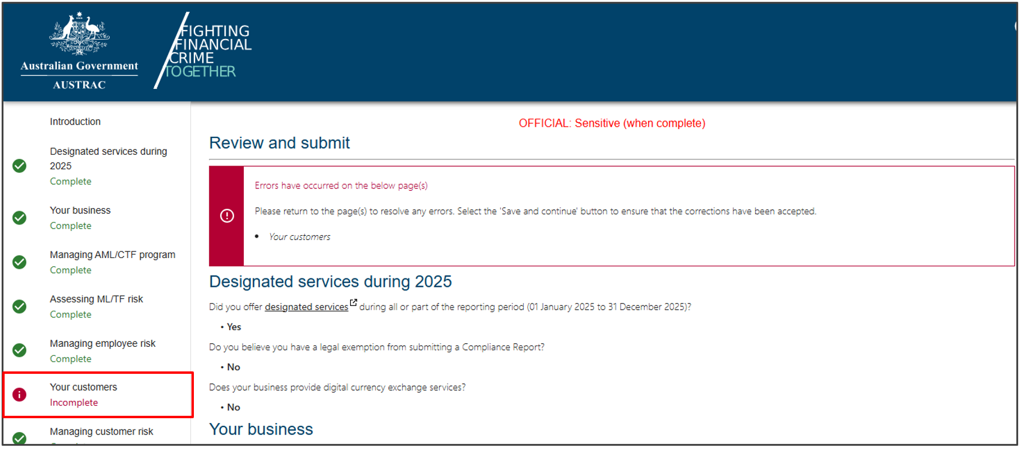 An error message on the Review and submit section of the compliance report, and Your customers section on the left hand side menu is in red and marked as Incomplete