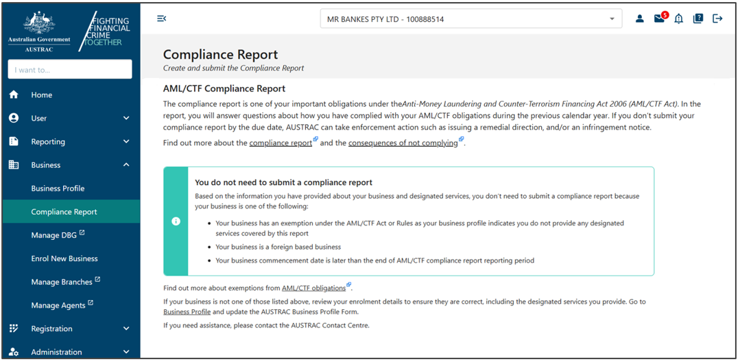 The Compliance report page with a message indicating no compliance report obligation