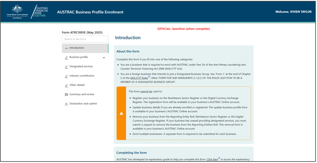 Introduction page of the AUSTRAC business profile enrolment form