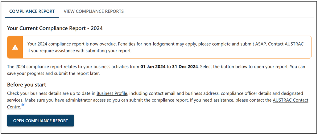 The compliance report section with a message advising the compliance report is now overdue