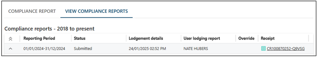 View compliance reports section listing past and current compliance reports