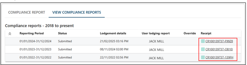 View compliance reports section with receipt links for each compliance report