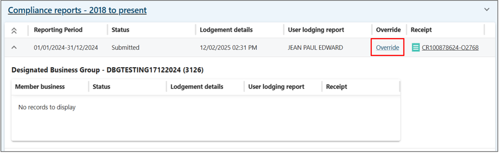 Override button in View compliance reports section