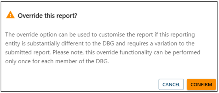 Pop up message with title Override this report?, a Cancel button and a Confirm button