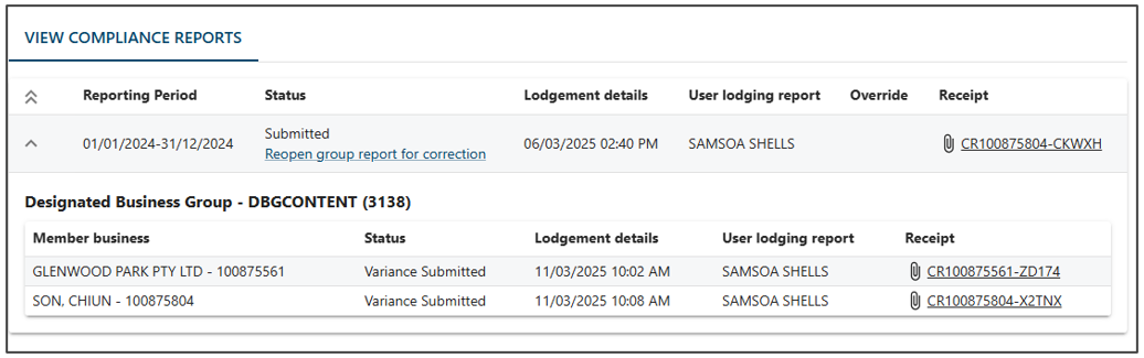 View compliance reports section with a sub-section for designated business group, listing member business with a status of Variance submitted