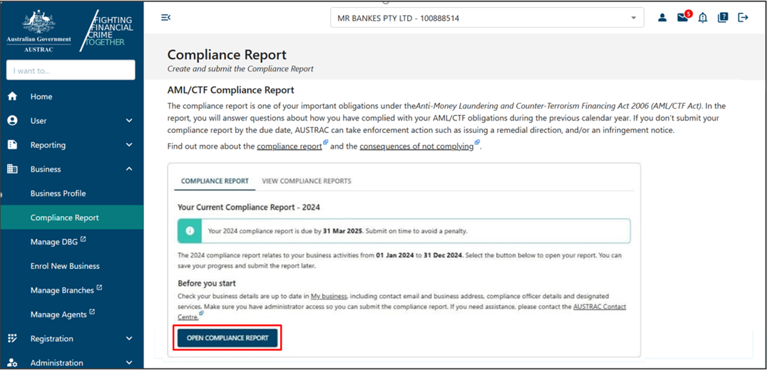 The Open compliance report button in the Compliance report page