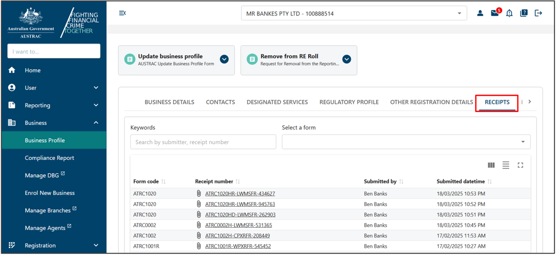 The Receipts tab on the Business profile page