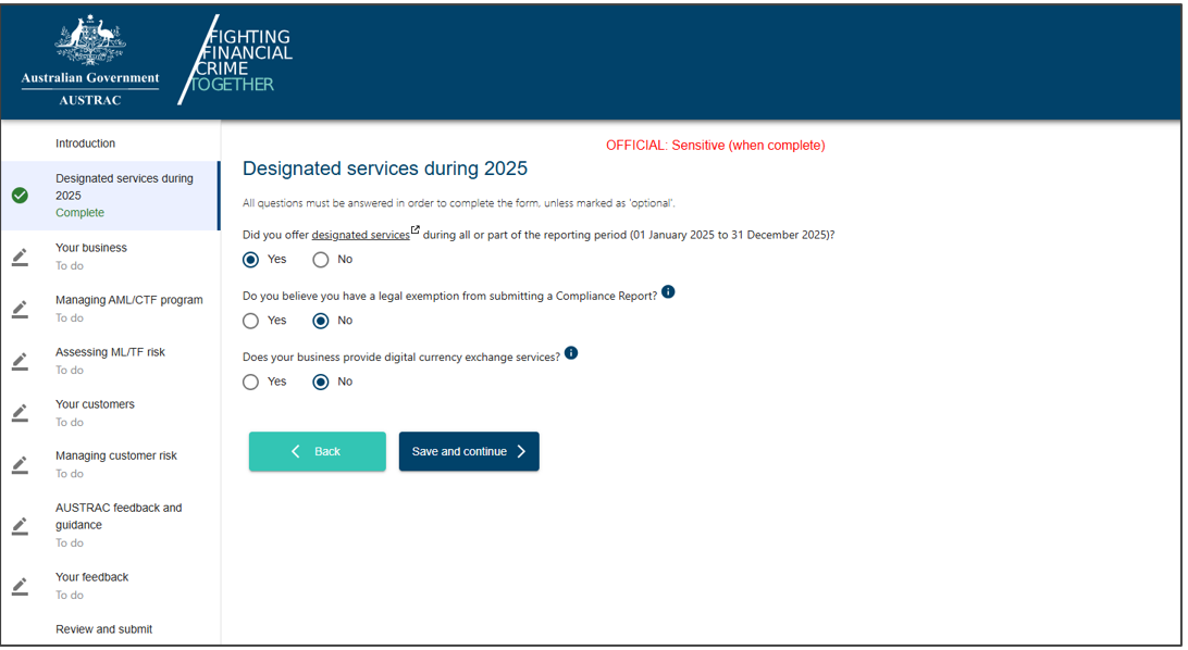 The Designated services section in the compliance report, with a menu on the left hand side for the sections within the compliance report