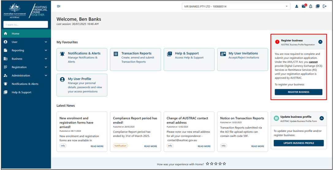 Register business form on the right hand side of the home page