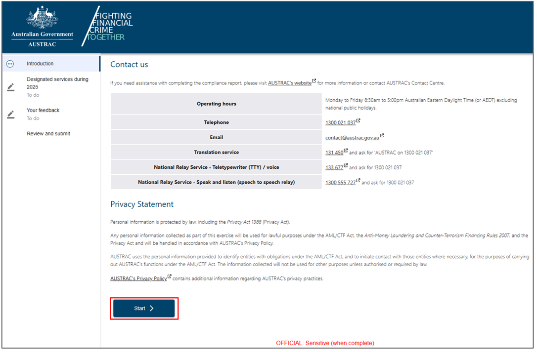 The Contact us section in the compliance report, with a Start button
