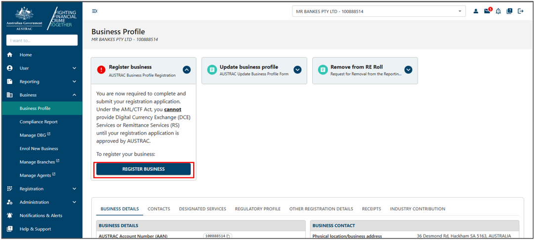 Register business form on the Business profile page