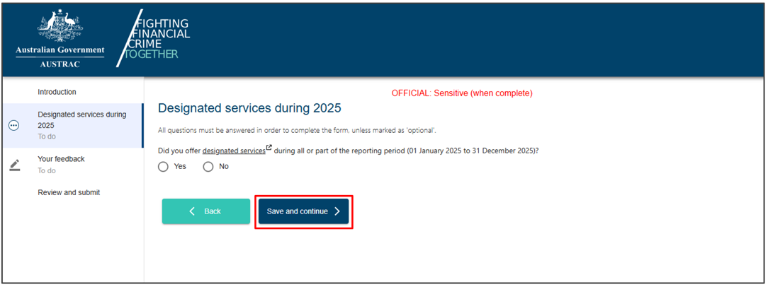 The Designated services section in the compliance report, with a Back button and a Save and continue button