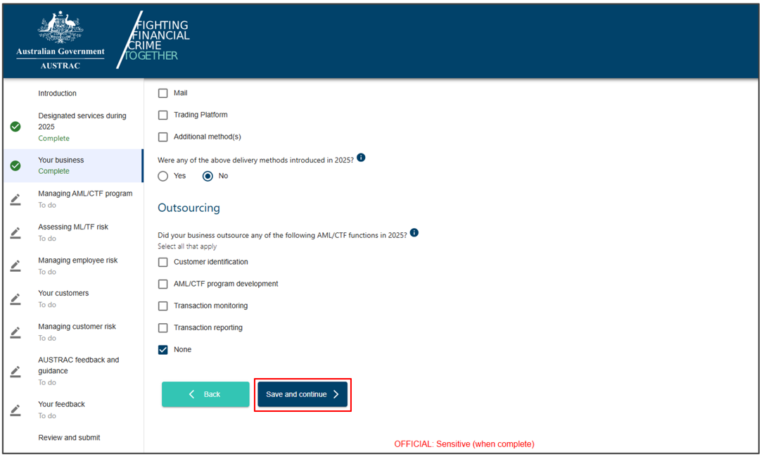 The Your business section in the compliance report, with a Back button and a Save and continue button