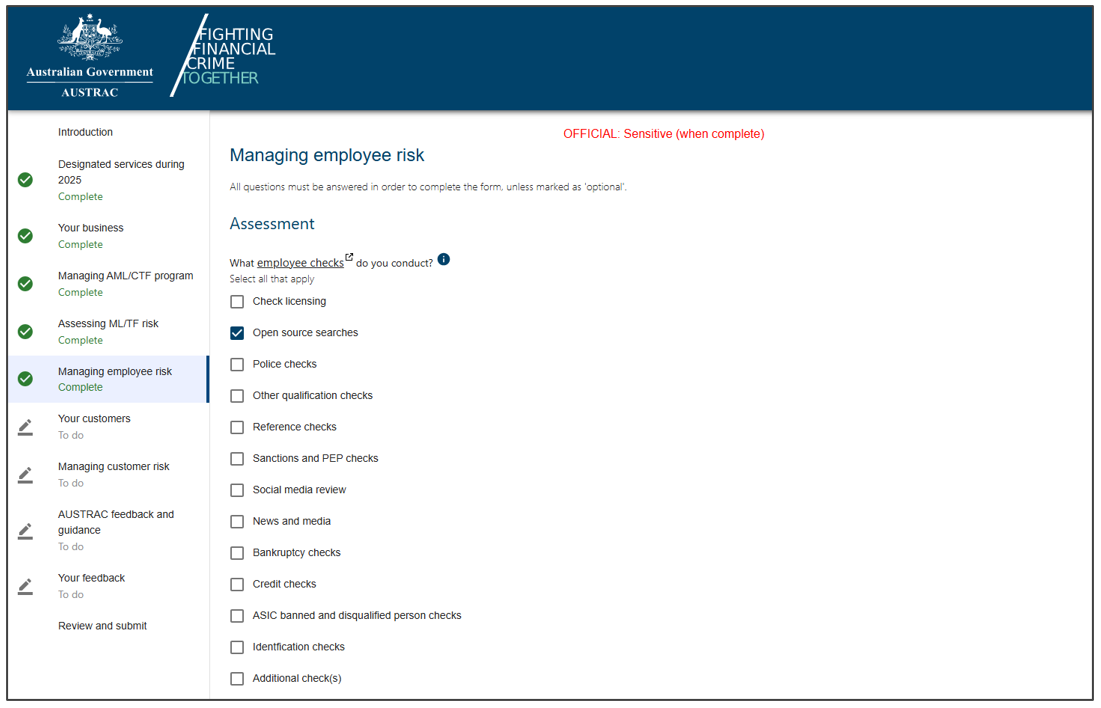 The Managing employee risk section in the compliance report