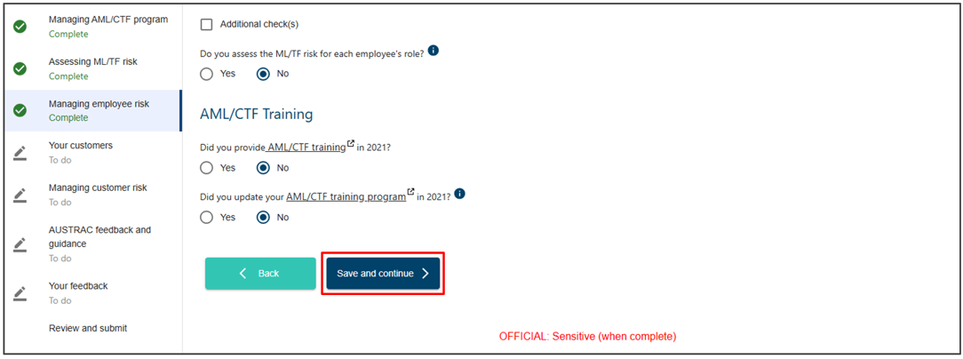 The Managing employee risk section in the compliance report, with a Back button and a Save and continue button