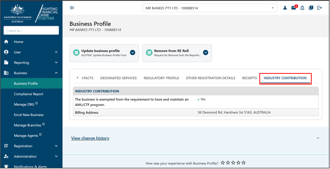 The Industry contribution tab in Business profile page